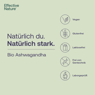 Effective Nature Bio Ashwagandha Infografik mit Siegeln: Vegan, Glutenfrei, Laktosefrei, Frei von Gentechnik, Laborgeprüft