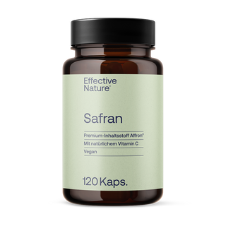 Effective Nature Safran Kapseln, braunes Glasfläschchen, mintgrünes Etikett, 120 Kaps., Affron®, Vitamin C, vegan