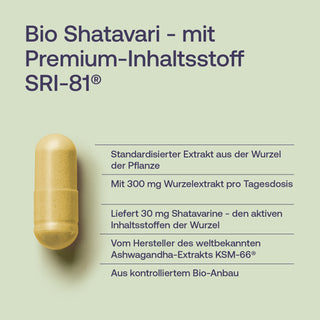 Bio Shatavari Kapsel SRI-81® – Infografik mit Produktdetails: 300 mg Wurzelextrakt, 30 mg Shatavarine, Bio-Anbau