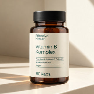 Effective Nature Vitamin B Komplex, 60 Kapseln, braunes Glasfläschchen mit schwarzem Deckel, veganes Produkt aus Buchweizen