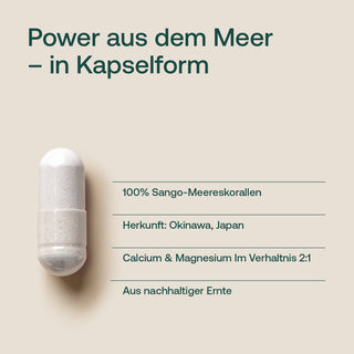Sango-Meereskorallen Kapsel in Weiss auf beigem Hintergrund mit Produktinfos zu Herkunft Okinawa und Calcium-Magnesium-Gehalt
