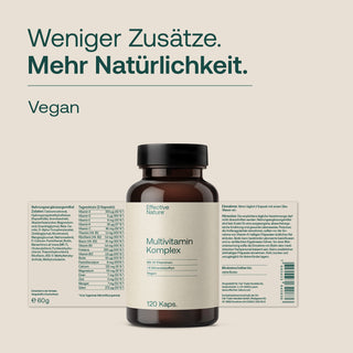 Effective Nature Multivitamin Komplex, braunes Glasfläschchen, 120 Kapseln, veganes Etikett, Text: Weniger Zusätze