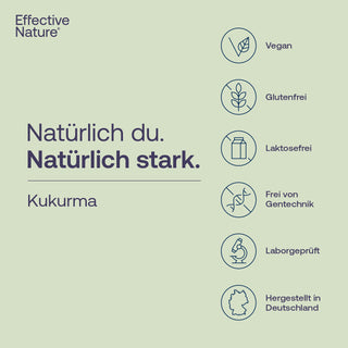 Effective Nature Kukurma Infografik mit Siegeln: vegan, glutenfrei, laktosefrei, gentechnikfrei, laborgeprüft,...