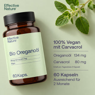 Effective Nature Bio Oreganoöl Kapseln, Braunglasflasche, 60 Kaps., 80mg Carvacrol, vegan, mit Oregano-Pflanze