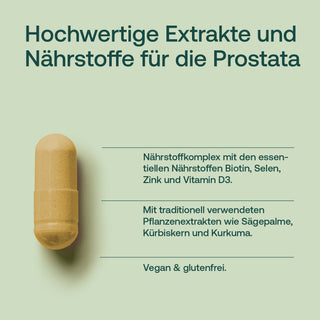 Infografik: Prostata-Kapsel in Goldbraun mit Text zu Biotin, Selen, Zink, Vitamin D3, Sägepalme, vegan