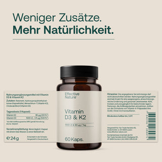 Effective Nature Vitamin D3 & K2 Kapseln, 60 Stück, braunes Glasfläschchen, Etikett mit Nährwertangaben