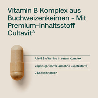 Vitamin B Komplex Kapsel aus Buchweizenkeimen mit Cultavit®, vegan und glutenfrei, 2 Kapseln täglich
