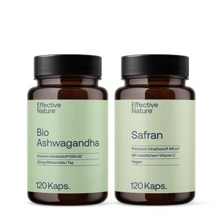Effective Nature Bio Ashwagandha KSM-66 & Safran Affron – 2 braune Glasflaschen, je 120 Kaps., mintgrüne Etiketten