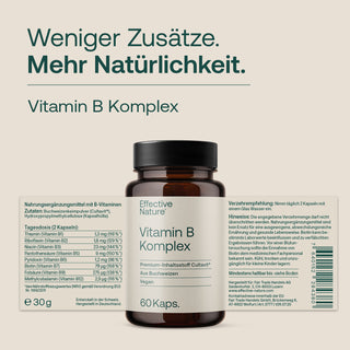 Effective Nature Vitamin B Komplex, 60 Kapseln, braune Glasflasche mit dunklem Deckel, Etikett mit Nährwerttabelle, vegan