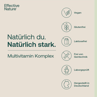 Effective Nature Multivitamin Komplex Infografik mit Siegeln: vegan, glutenfrei, laktosefrei, gentechnikfrei,...