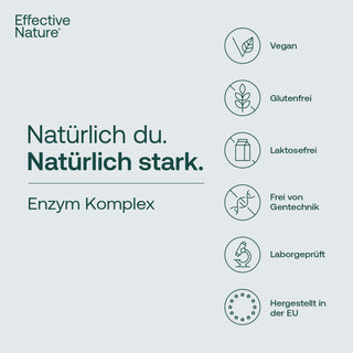 Effective Nature Enzym Komplex Infografik mit Siegeln: vegan, glutenfrei, laktosefrei, gentechnikfrei, laborgeprüft,...