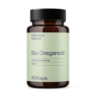 Effective Nature Bio Oreganoöl Kapseln, braunes Glasfläschchen, grünes Etikett, 60 Kaps., 80 mg Carvacrol, vegan