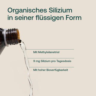 Infografik: Organisches Silizium flüssig – braune Flasche wird ausgegossen, Text mit Methylsilanetriol, 9 mg Silizium pro...