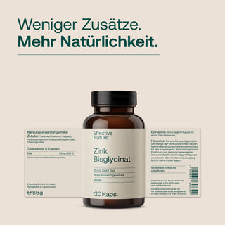 Effective Nature Zink Bisglycinat 120 Kapseln, braune Glasflasche, Etikett mit Aufschrift 25mg Zink/Tag, vegan