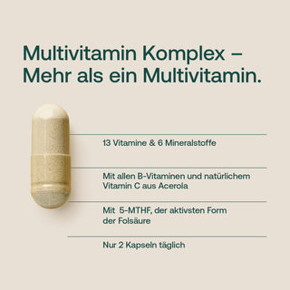 Infografik: Multivitamin Komplex Kapsel in Beige mit Text zu 13 Vitaminen, 6 Mineralstoffen und 5-MTHF
