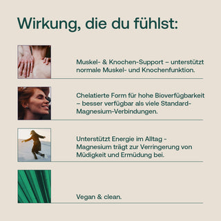 Infografik zu Magnesium mit Text, Personenfotos und Hinweis „Vegan & clean" auf beigem Hintergrund