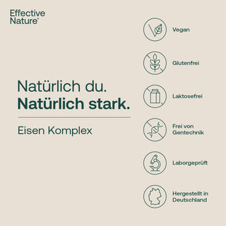 Effective Nature Eisen Komplex Infografik mit Siegeln: vegan, glutenfrei, laktosefrei, ohne Gentechnik, laborgeprüft,...