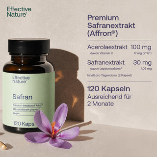 Effective Nature Safran Kapseln, Braunglasflasche mit grünem Etikett, 120 Kapseln, Affron®, Vegan, Safranblüte
