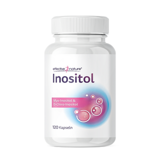 Effective Nature Inositol Kapseln, weiße Dose mit 120 Kapseln, Etikett mit Myo-Inositol & D-Chiro-Inositol, rosa-blaues...