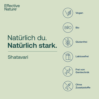 Effective Nature Shatavari Infografik mit Siegeln: vegan, bio, glutenfrei, laktosefrei, ohne Gentechnik, ohne Zusatzstoffe