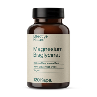 Effective Nature Magnesium Bisglycinat, braunes Glasfläschchen, 120 Kapseln, 268 mg, vegan, helles Etikett