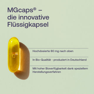 MGcaps Flüssigkapsel in Gelb auf hellgrünem Hintergrund mit Text: 80 mg, Bio-Qualität, produziert in Deutschland