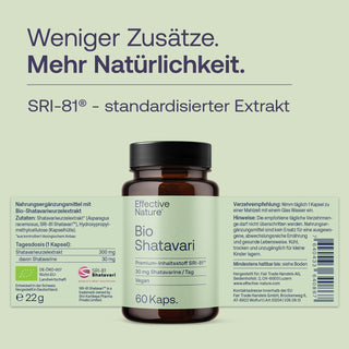 Effective Nature Bio Shatavari, 60 Kapseln, Braunglasflasche mit grünem Etikett, Bio-Siegel, SRI-81-Extrakt, vegan