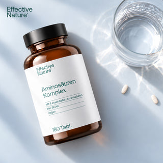 Effective Nature Aminosäuren Komplex, 180 Tabletten, braune Glasflasche, weißes Etikett, vegan, inkl. BCAA, mit Wasserglas