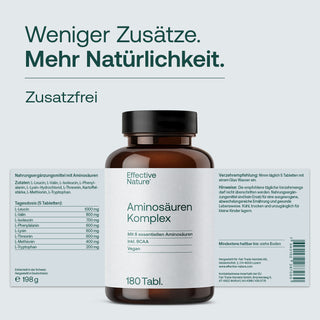 Effective Nature Aminosäuren Komplex, 180 Tabletten, braune Glasflasche, weißes Etikett, Aufschrift Zusatzfrei, vegan