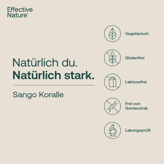 Effective Nature Sango Koralle Infografik mit Siegeln: Vegetarisch, Glutenfrei, Laktosefrei, Gentechnikfrei, Laborgeprüft
