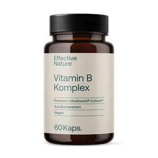 Effective Nature Vitamin B Komplex, 60 Kapseln, braunes Glasfläschchen, beiges Etikett, Cultavit® aus Buchweizen, vegan