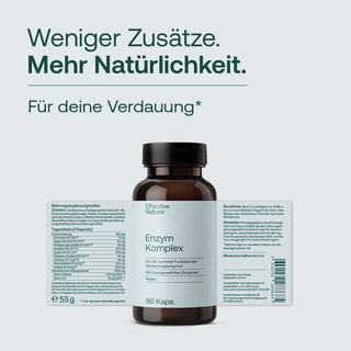 Effective Nature Enzym Komplex, 90 Kapseln, braune Glasflasche, schwarzer Deckel, Etikett mit Aufschrift Vegan, 55 g