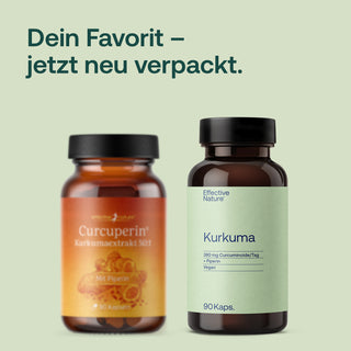 Effective Nature Kurkuma Kapseln – neue Verpackung neben alter Curcuperin-Dose, 90 Kaps., vegan, 380 mg