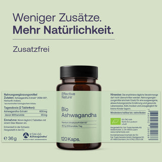 Effective Nature Bio Ashwagandha KSM-66, 120 Kapseln, Braunglasflasche mit grünem Etikett, Bio-Siegel sichtbar