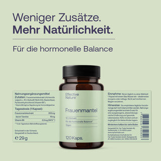 Effective Nature Frauenmantel Kapseln, 120 Stück, braunes Glasfläschchen, grünes Etikett, 10:1-Extrakt, vegan