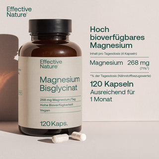 Effective Nature Magnesium Bisglycinat, 120 Kapseln, braune Glasflasche mit beigem Etikett, vegan, zwei Kapseln im...