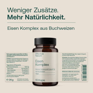Effective Nature Eisen Komplex Braunglasflasche 60 Kapseln, Etikett mit Buchweizenhinweis, vegan, Produktbild