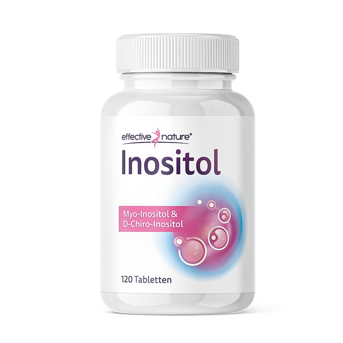 Effective Nature Inositol Tabletten, weiße Rundflasche mit 120 Tabletten, Etikett mit Myo-Inositol & D-Chiro-Inositol