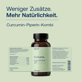 Effective Nature Kurkuma Kapseln, braune Glasflasche, 90 Kaps., Curcuminoide und Piperin, vegan, grünes Etikett