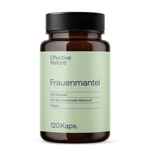 Effective Nature Frauenmantel Kapseln, braunes Glasfläschchen mit hellgrünem Etikett, 10:1-Extrakt, vegan, 120 Kaps.
