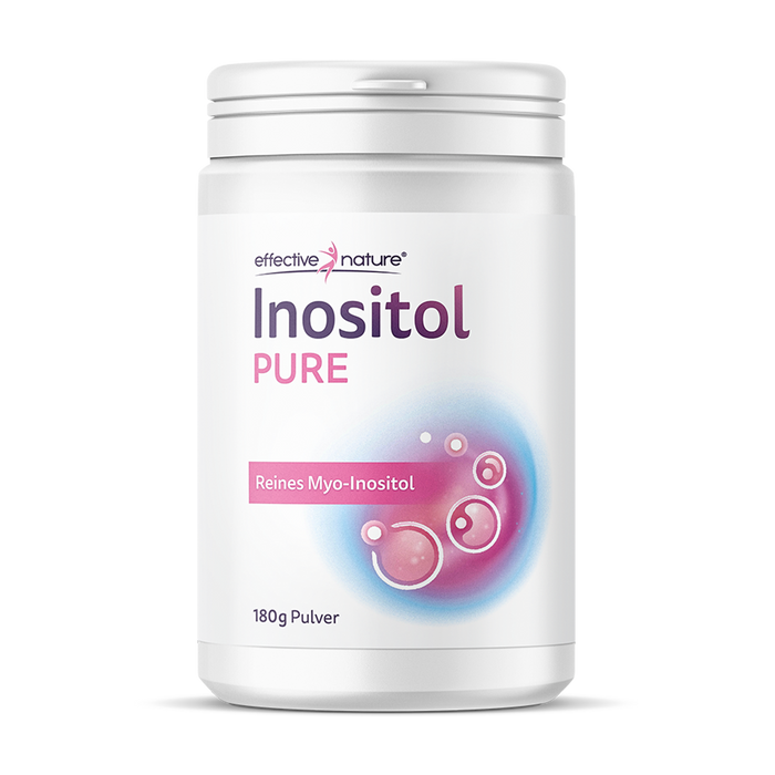 Effective Nature Inositol Pure Pulver, 180g weiße Dose mit rosa-blauem Grafikdesign, Aufschrift Reines Myo-Inositol