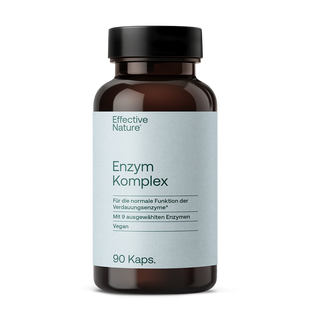 Effective Nature Enzym Komplex, braune Glasflasche, 90 Kapseln, veganes Produkt, 9 Enzyme, hellblaues Etikett