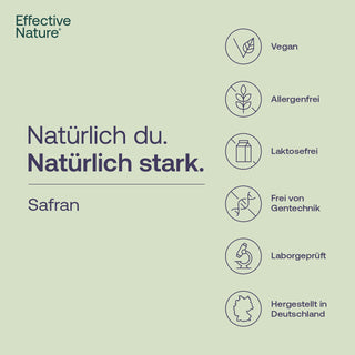 Effective Nature Safran Infografik mit Siegeln: vegan, allergenfrei, laktosefrei, gentechnikfrei, laborgeprüft,...