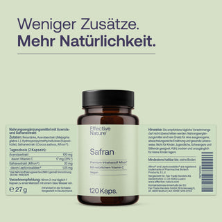 Effective Nature Safran Kapseln, braunes Glasfläschchen, 120 Kaps., Affron®, Vegan, Label mit Text