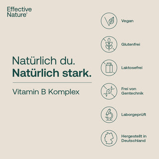 Effective Nature Vitamin B Komplex Infografik mit Siegeln: vegan, glutenfrei, laktosefrei, ohne Gentechnik, laborgeprüft,...