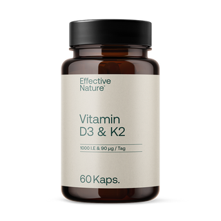 Effective Nature Vitamin D3 & K2 Kapseln, Braunglasflasche mit schwarzem Deckel, 60 Kapseln, 1000 I.E. & 90 µg
