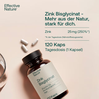 Effective Nature Zink Bisglycinat, braune Glasflasche mit Kapseln, 120 Kaps., 25 mg, vegan, Produktfoto