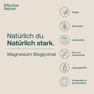 Infografik Effective Nature Magnesium Bisglycinat: vegan, glutenfrei, laktosefrei, ohne Gentechnik, laborgeprüft,...