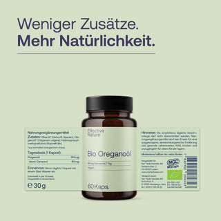Effective Nature Bio Oreganoöl Braunglas 60 Kapseln, 80mg Carvacrol, Bio-Siegel, vegan, Produktetikett sichtbar