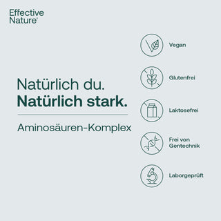 Effective Nature Aminosäuren-Komplex Infografik mit Vegan-, Glutenfrei-, Laktosefrei-, Gentechnikfrei- und...